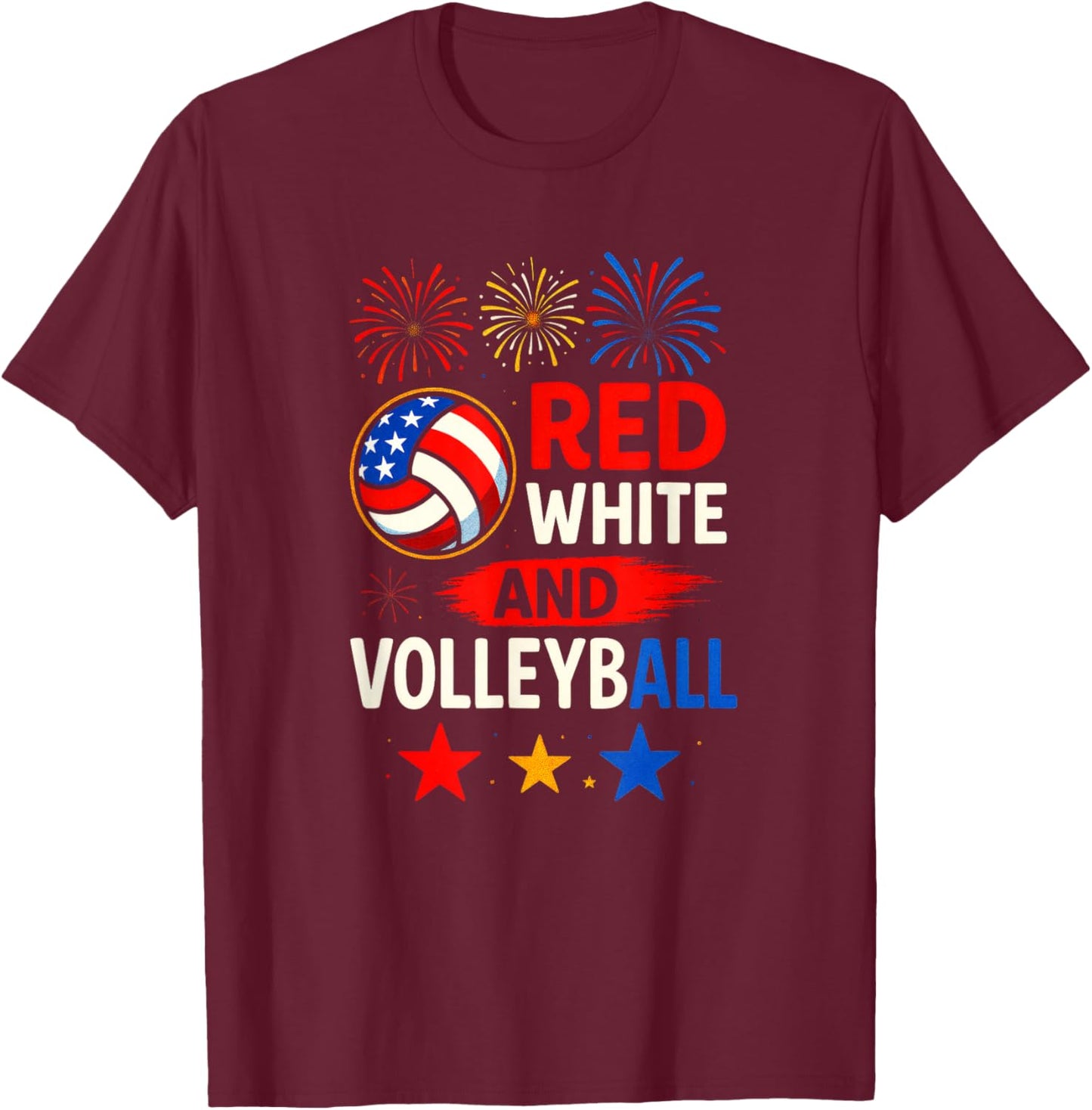 RED White and Volleyball - American Flag T-Shirt - T-Shirt | Maroon