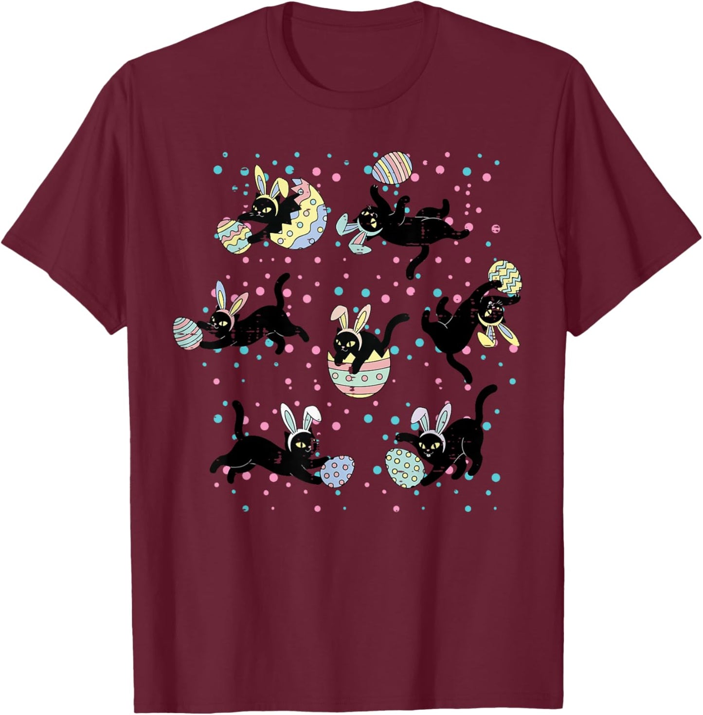 Easter Black Cat Poses Bunny Ears Eggs Cute Girls Kids Women T-Shirt - T-Shirt | Maroon