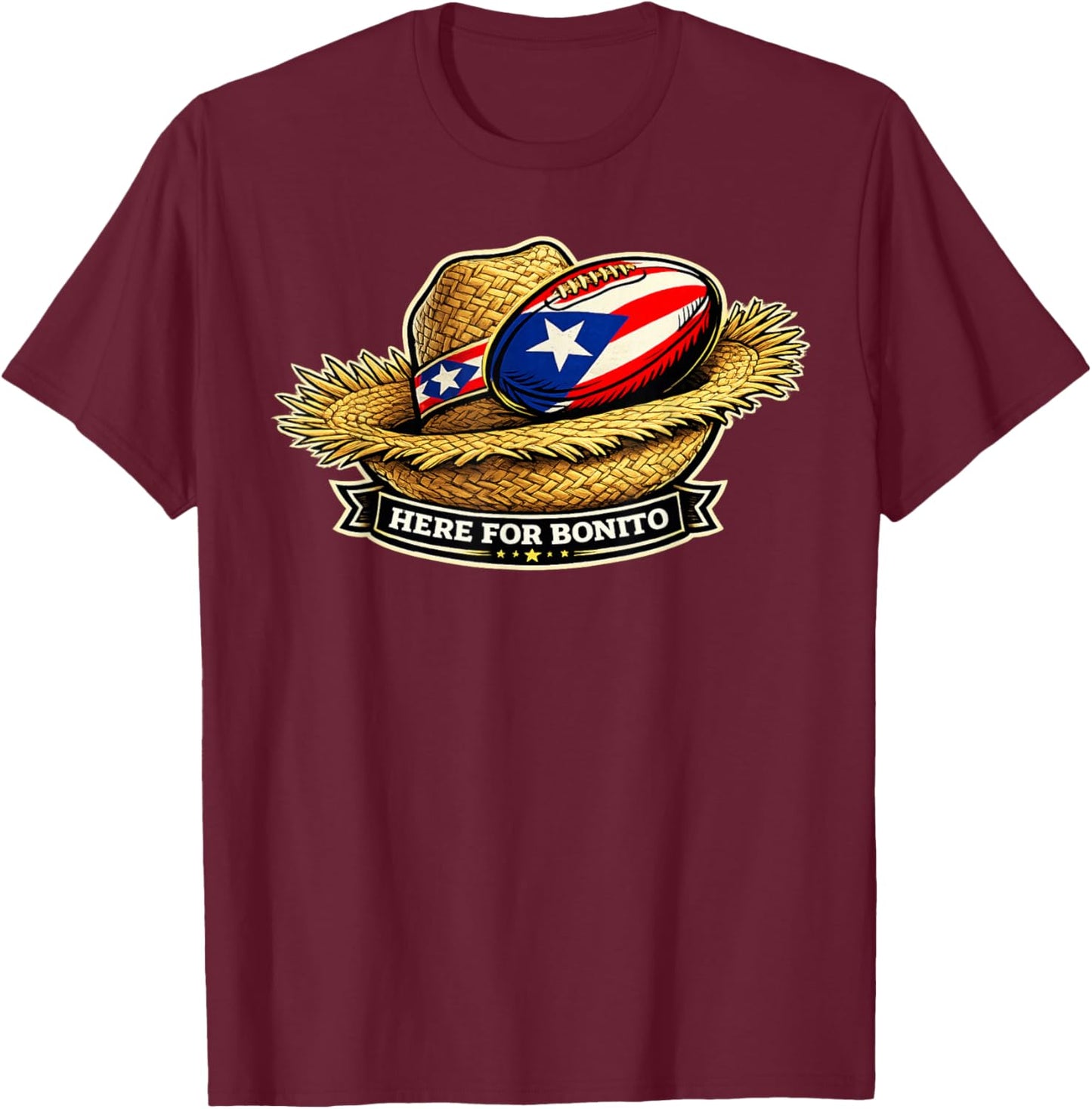 Here for Bonito Graphic, Straw Hat Football Badge Design T-Shirt - T-Shirt | Maroon