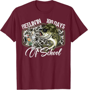 Retro Reelin’ in 100 Days of School Camo Bass Fishing Boys T-Shirt - T-Shirt | Maroon