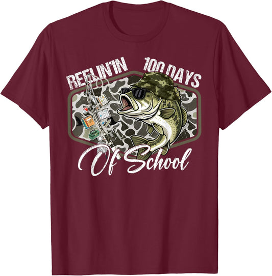 Retro Reelin’ in 100 Days of School Camo Bass Fishing Boys T-Shirt - T-Shirt | Maroon
