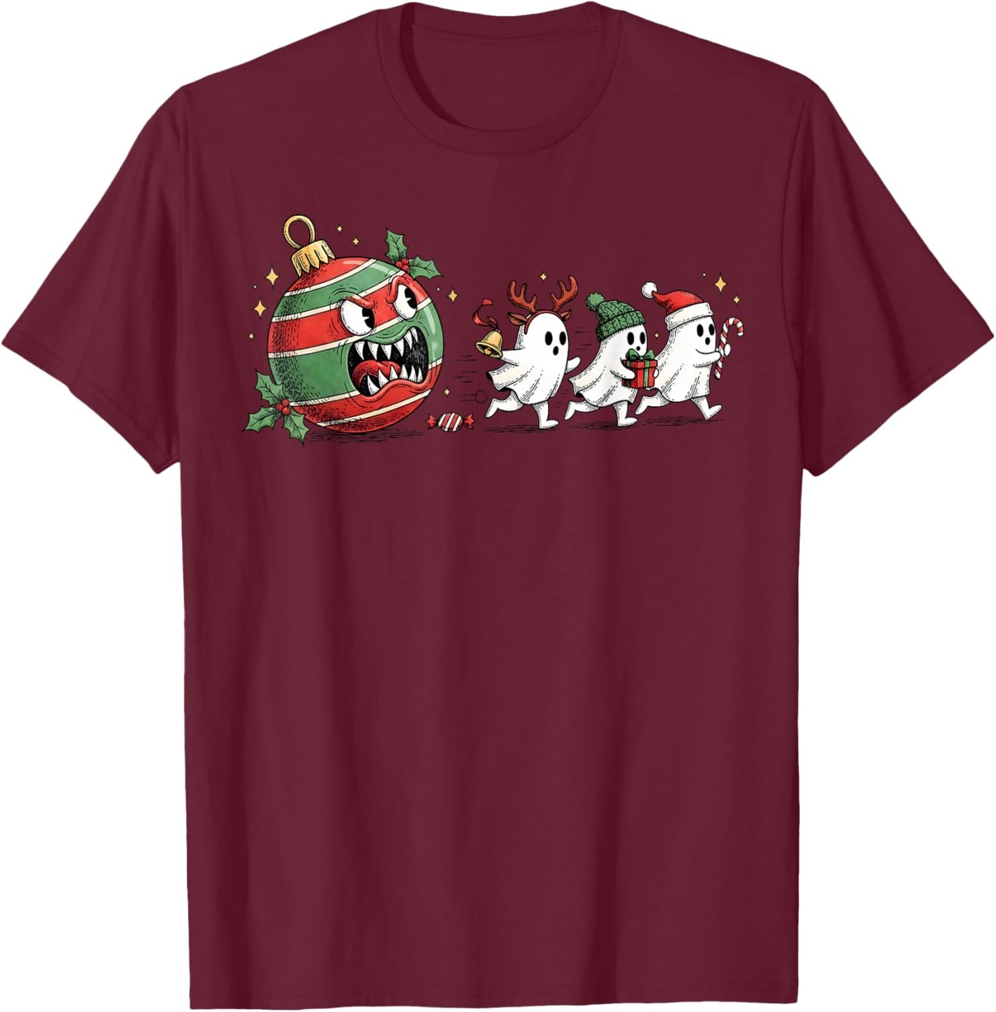Funny Christmas Ball Eating Ghosts Gamer Men Women Kids T-Shirt - T-Shirt | Maroon