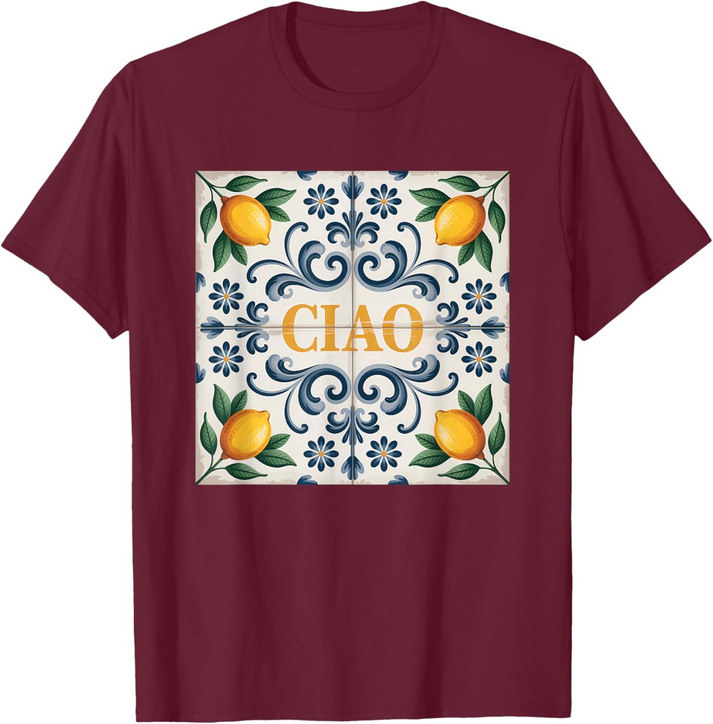Ciao Lemon Italian Pattern Tile Mediterranean Citrus T-Shirt - T-Shirt | Maroon