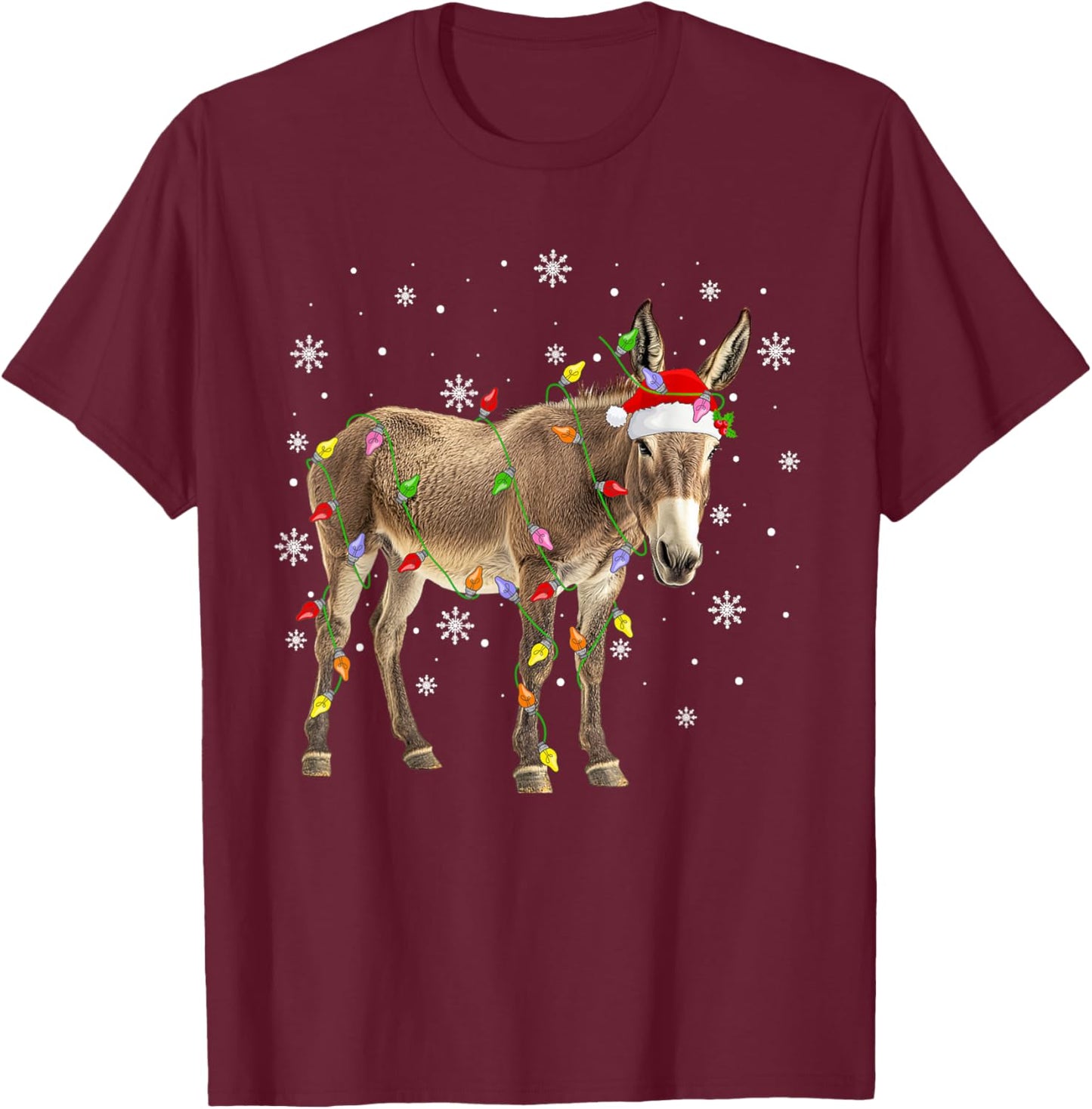 Donkey Mule Christmas Lights Funny Santa Hat Animal Xmas T-Shirt - T-Shirt | Maroon