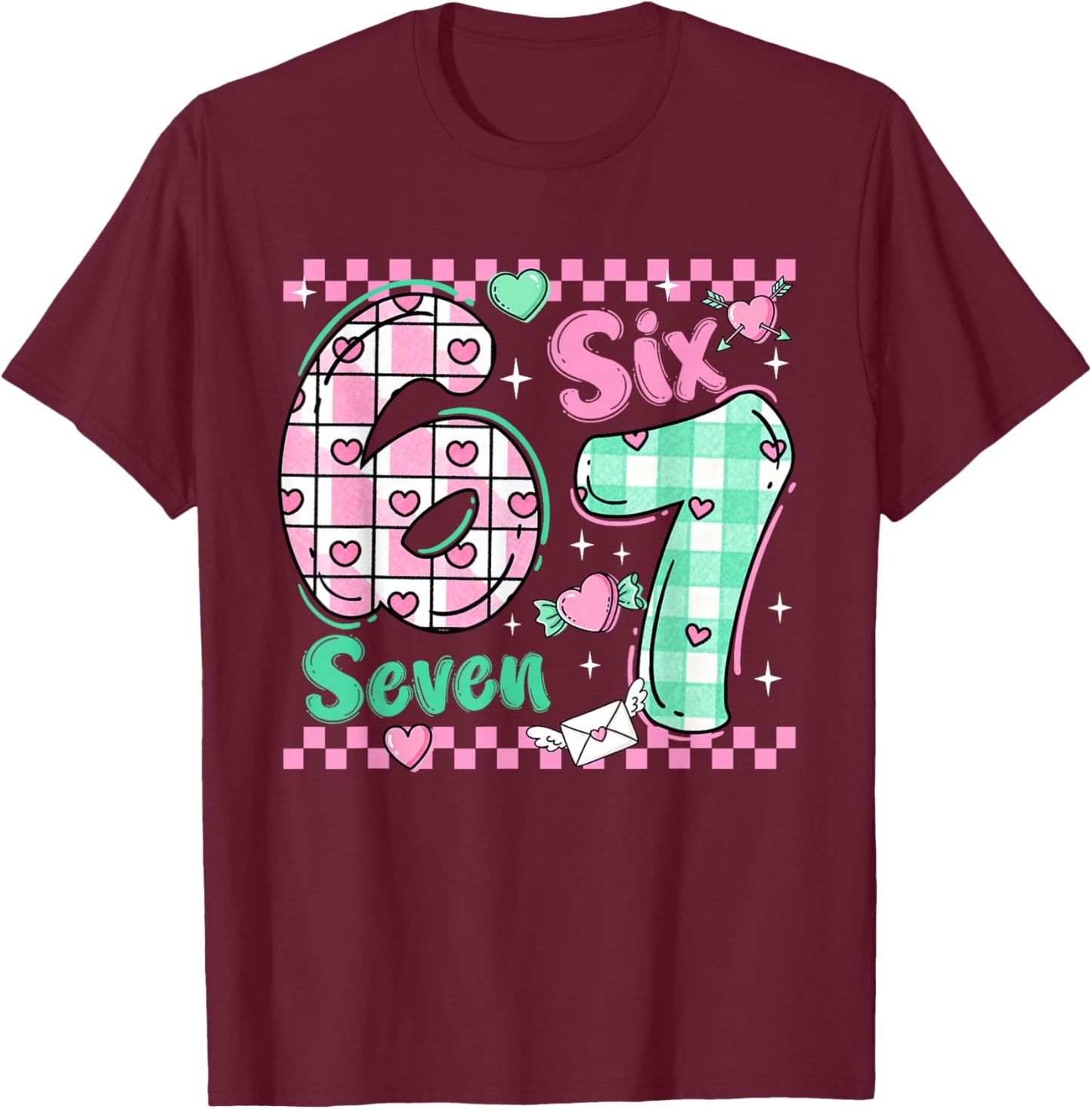 Checkered 67 Meme Six Seven Viral Number Valentines Girl Kid T-Shirt - T-Shirt | Maroon