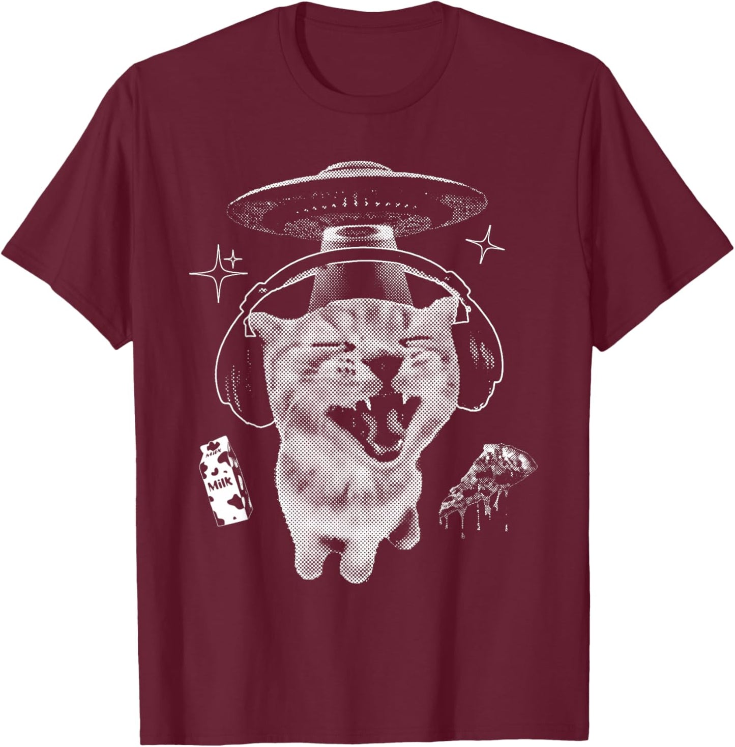 Alien Cat Meme Y2k Kitten Cute Headphones Cat Silly Graphic T-Shirt - T-Shirt | Maroon