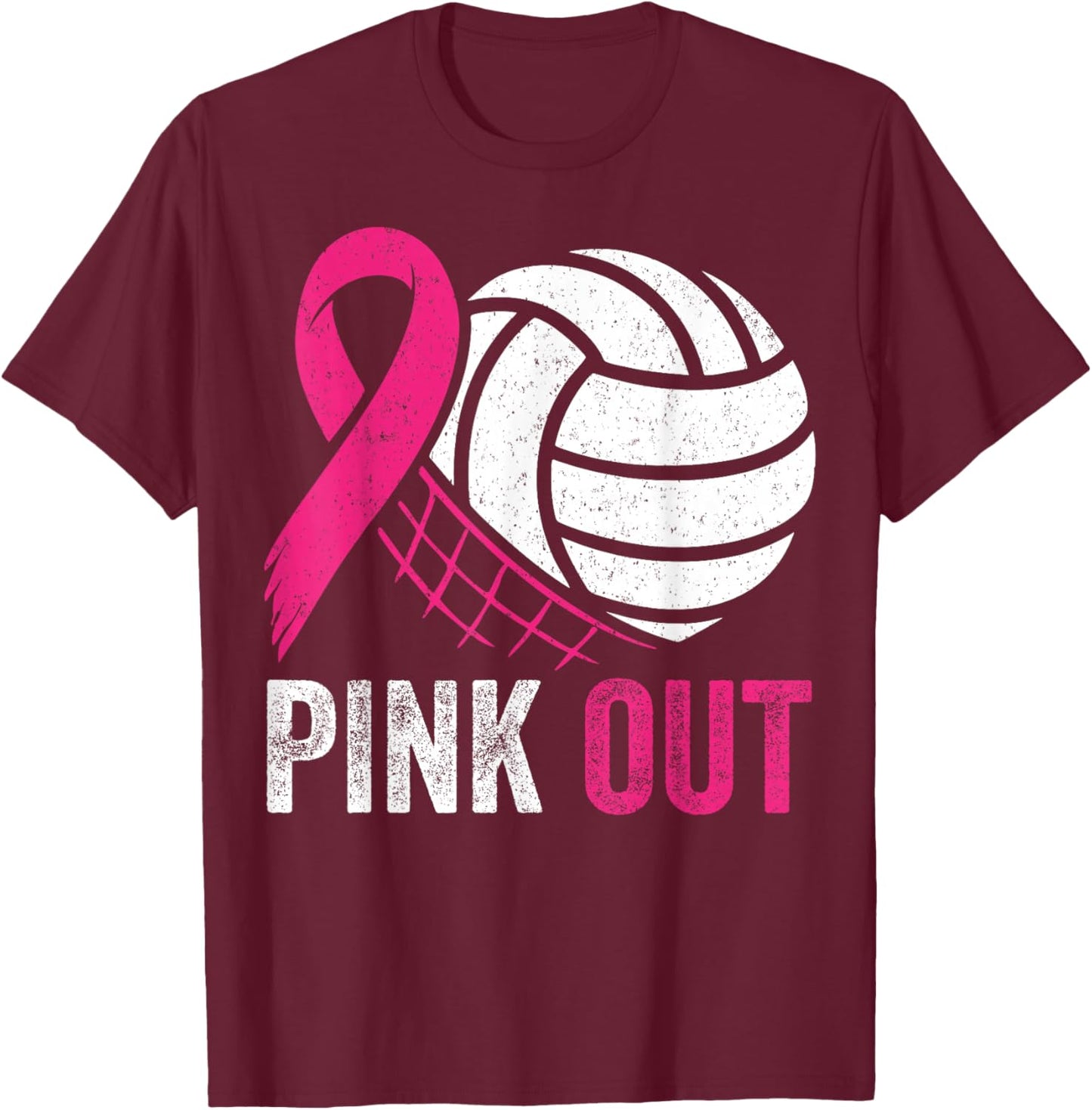 Pink Out Volleyball Breast Cancer Awareness Pink Ribbon T-Shirt - T-Shirt | Maroon