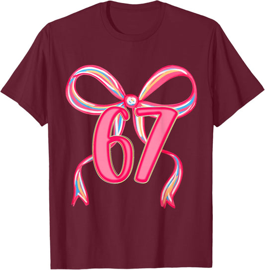 Six Seven Coquette Girl Bow Cool Meme 67 Funny Number Slang T-Shirt - T-Shirt | Maroon