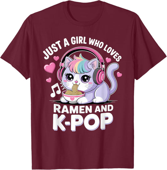 Just A Girl Who Loves Ramen and K-Pop Girl Kpop K Pop T-Shirt - T-Shirt | Maroon