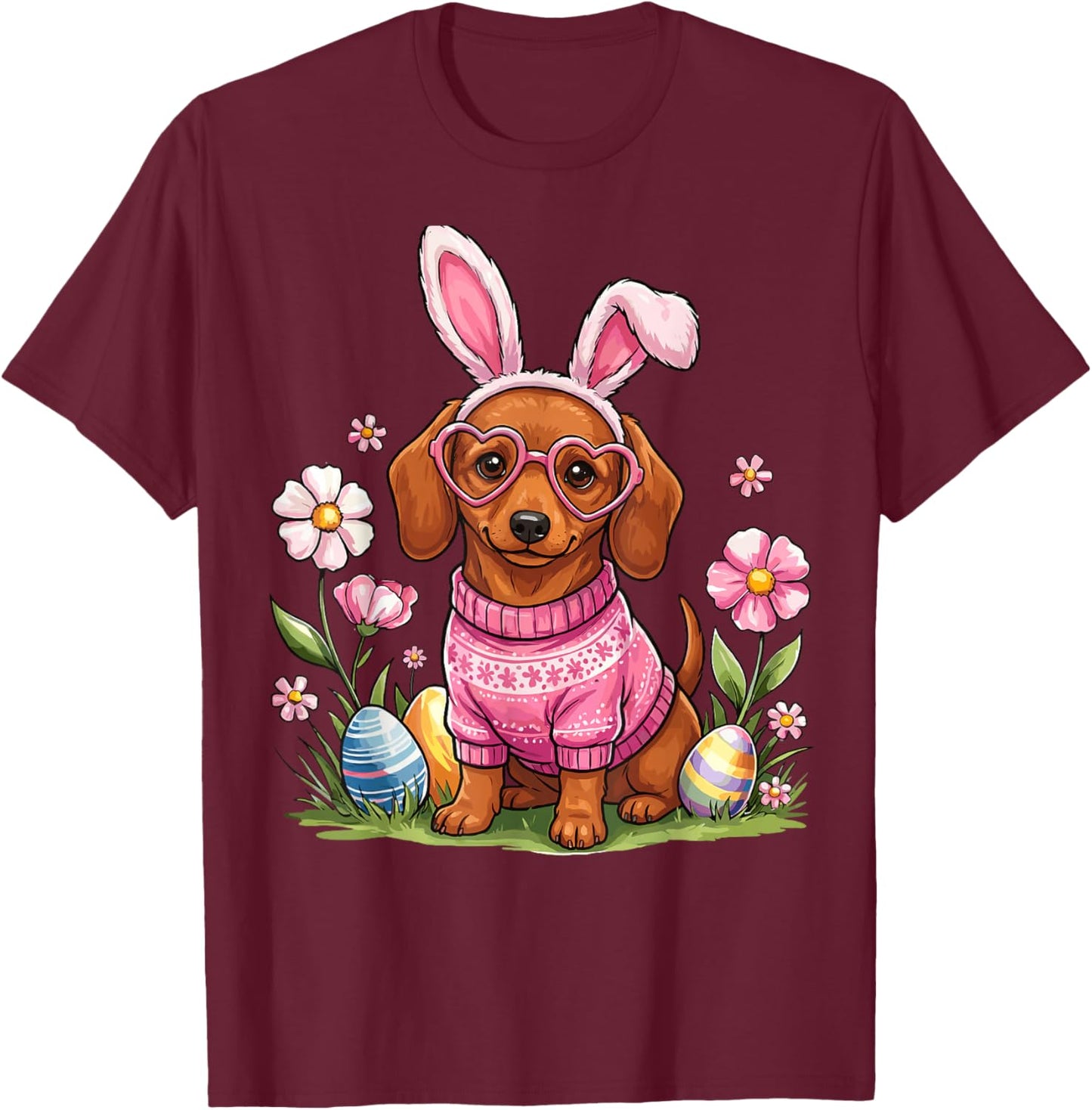 Easter Day Dachshund Dog Outfit Bunny Ears Egg & Basket Eggs T-Shirt - T-Shirt | Maroon