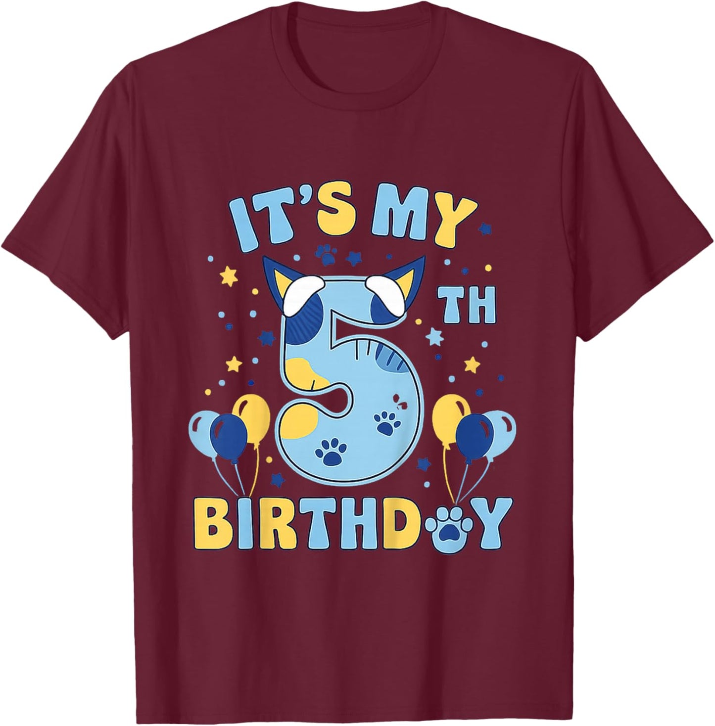 Its My 5th Birthday Boy Blue Dog Theme Party Cool 5 Year Old T-Shirt - T-Shirt | Maroon