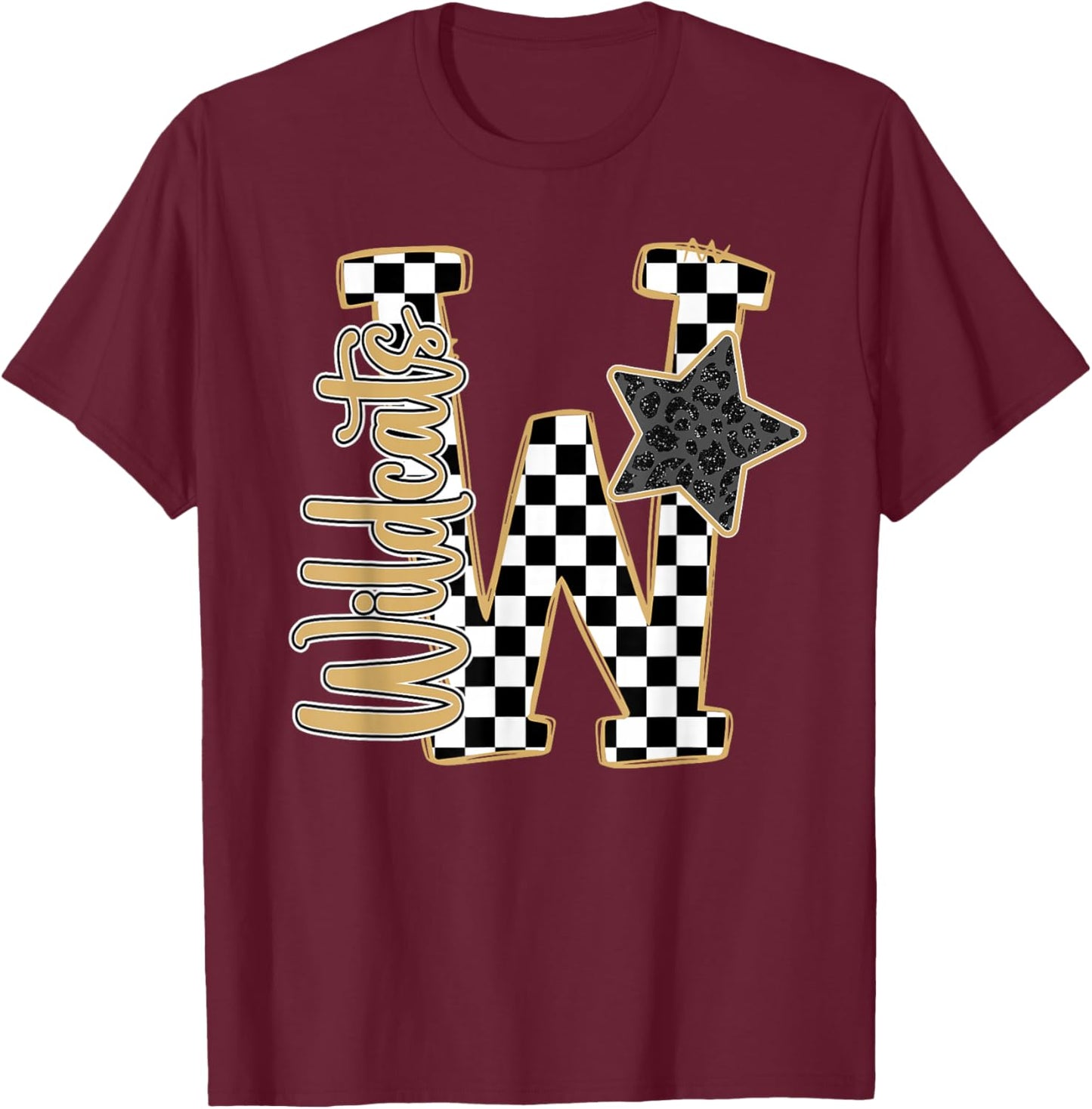 Gold Wildcats Checkered Print Star Leopard School Spirit T-Shirt - T-Shirt | Maroon