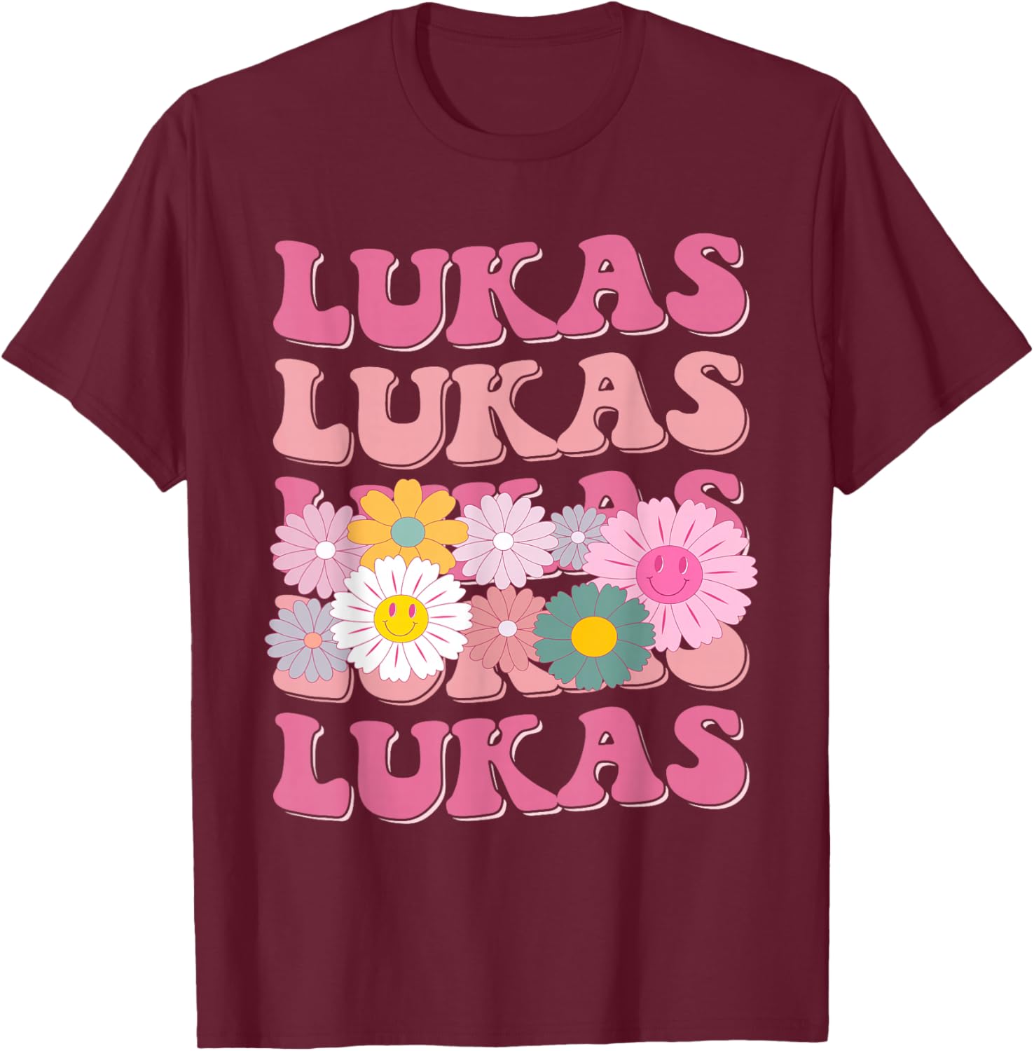 Girl Retro Lukas First Name Personalized Groovy 80's T-Shirt - T-Shirt | Maroon