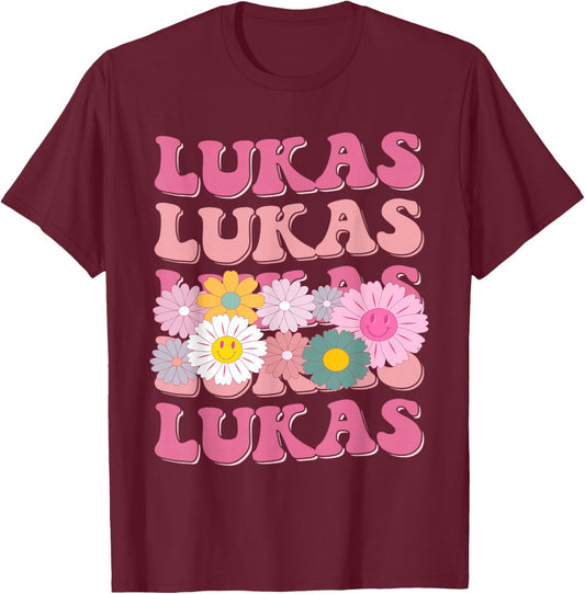 Girl Retro Lukas First Name Personalized Groovy 80's T-Shirt - T-Shirt | Maroon