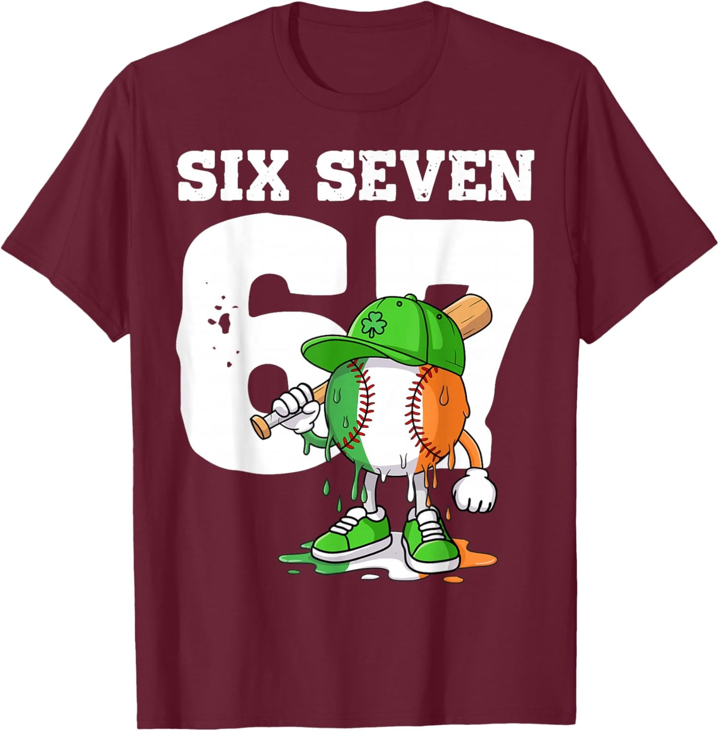 Boys St Patricks Day 67 Six Seven Baseball Ice Cream Drip T-Shirt - T-Shirt | Maroon