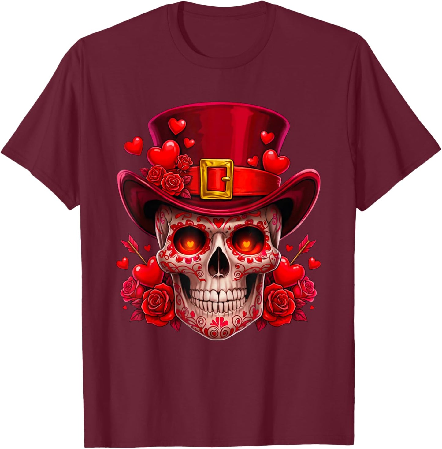 Sugar Skull Valentine Cupid Red Roses Couples Matching Skull T-Shirt - T-Shirt | Maroon
