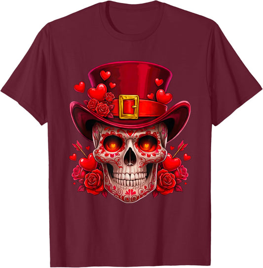 Sugar Skull Valentine Cupid Red Roses Couples Matching Skull T-Shirt - T-Shirt | Maroon