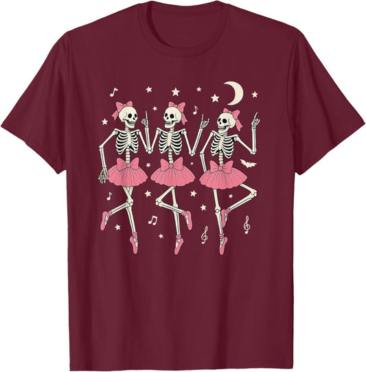 Dancing Skeletons Pink Coquette Halloween Women Girls T-Shirt - T-Shirt | Maroon