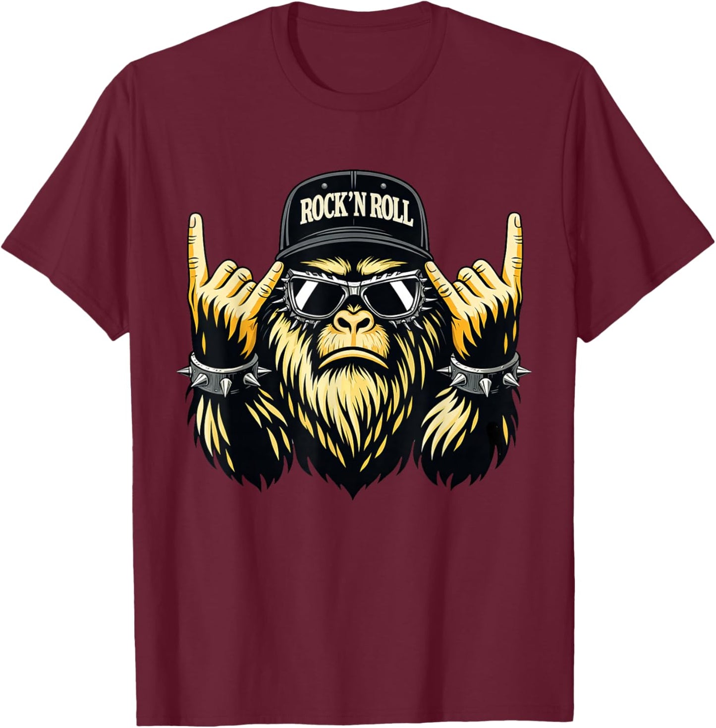 Bigfoot Rock On Sasquatch Heavy Metal Vibes Men Women Kids T-Shirt - T-Shirt | Maroon