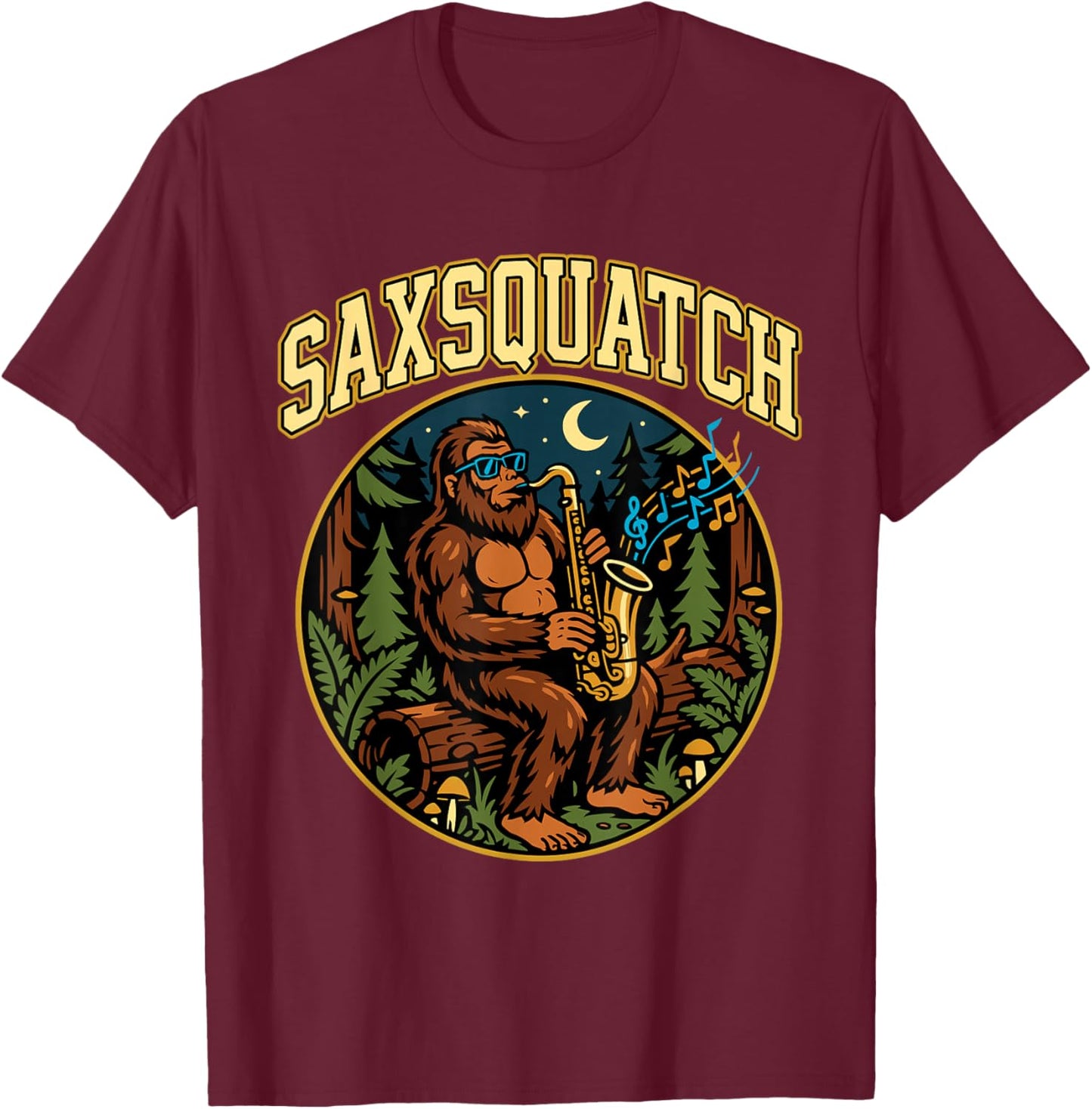 Saxsquatch Bigfoot Saxophone Player Jazz Music Humor T-Shirt - T-Shirt | Maroon