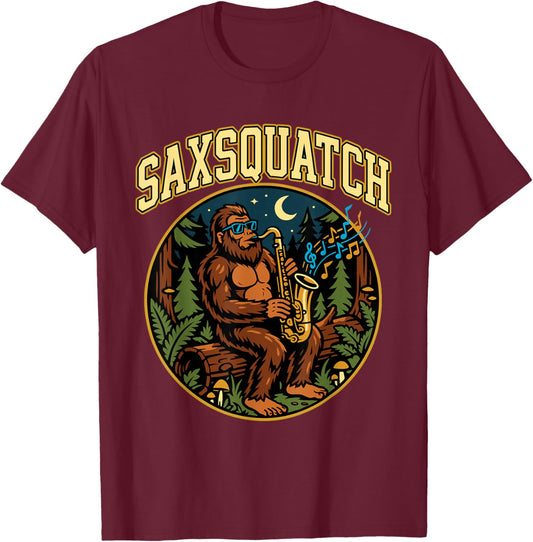 Saxsquatch Bigfoot Saxophone Player Jazz Music Humor T-Shirt - T-Shirt | Maroon