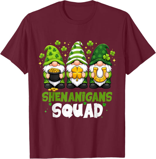 St Patricks Day Gnomes Shenanigans Squad Saint Pattys T-Shirt - T-Shirt | Maroon