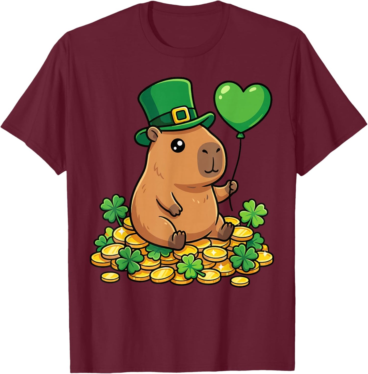 Lucky Capybara St Patricks Day Clover Leprechaun Hat Kawaii T-Shirt - T-Shirt | Maroon