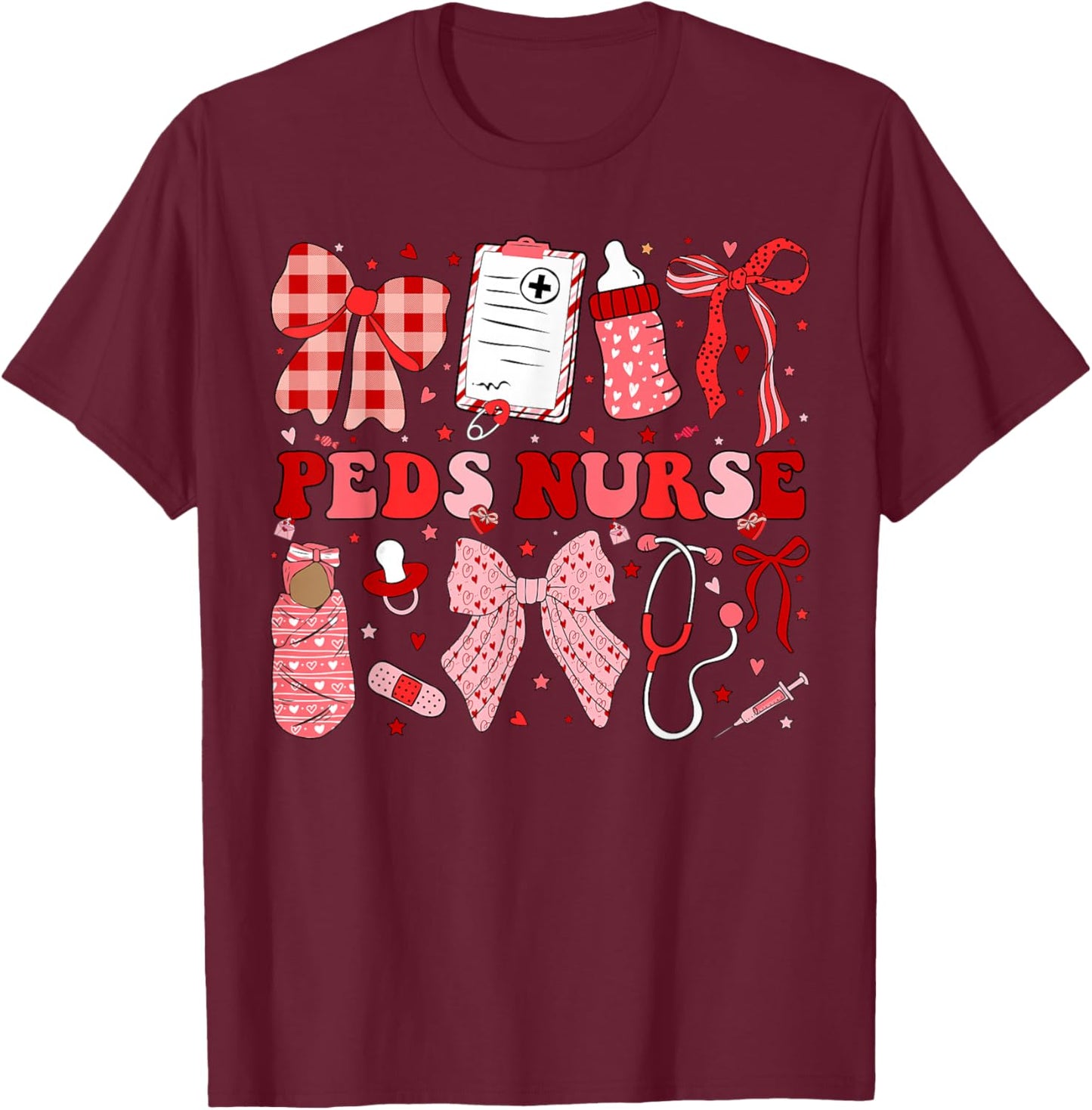 Peds Nurse Valentine Coquette Pediatric Nursing Valentines T-Shirt - T-Shirt | Maroon