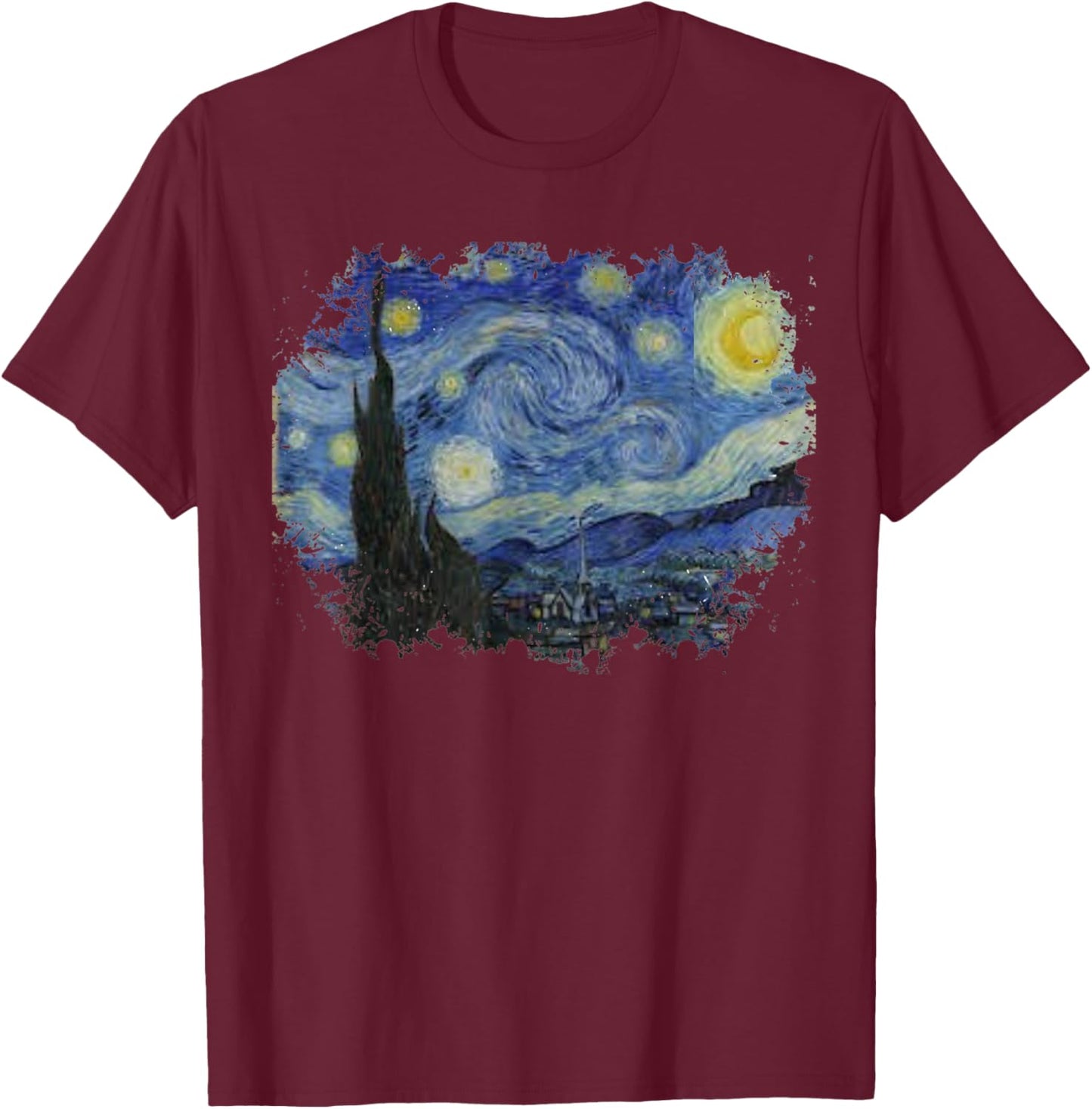 Vintage Starry Night Style Van Gogh T-Shirt - T-Shirt | Maroon