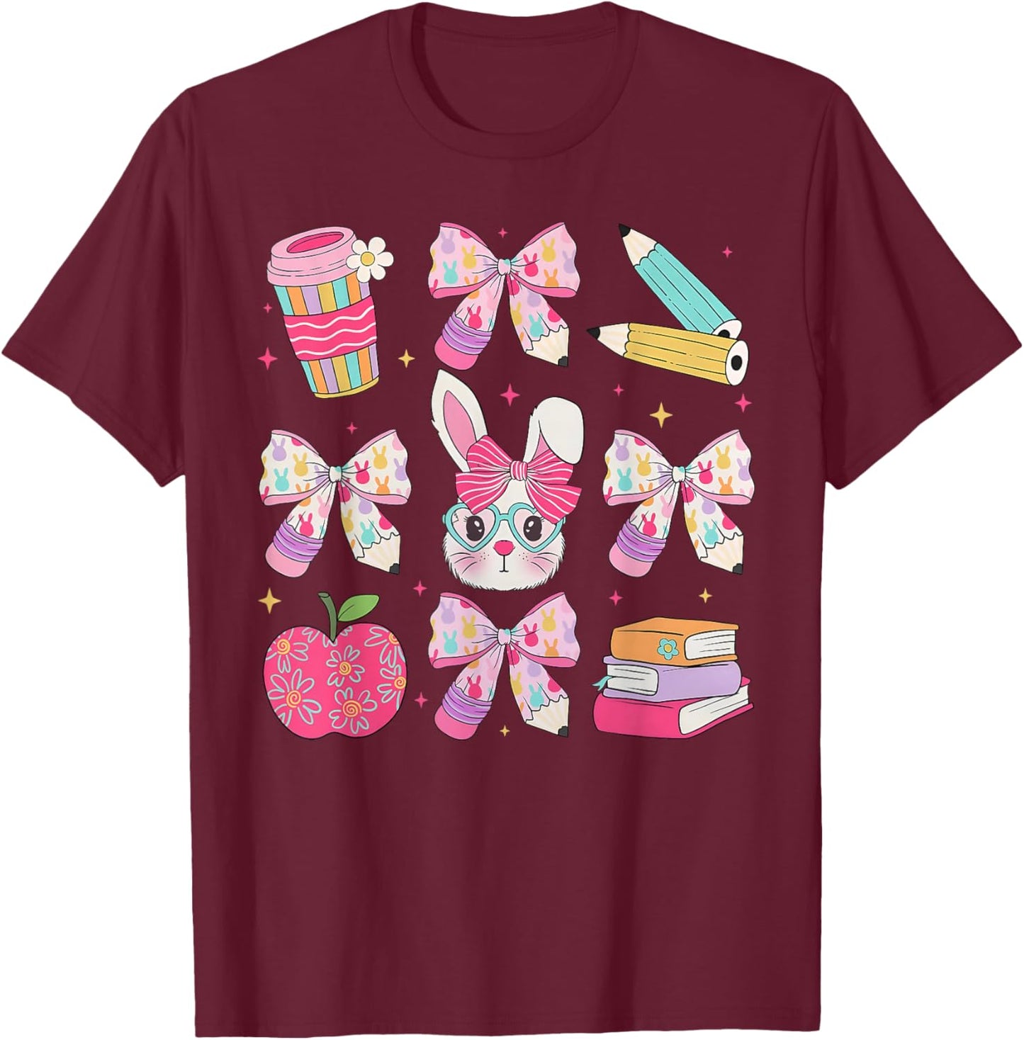 Funny Bunny Coquette Bow Rabbit Teacher Easter Retro Trendy T-Shirt - T-Shirt | Maroon