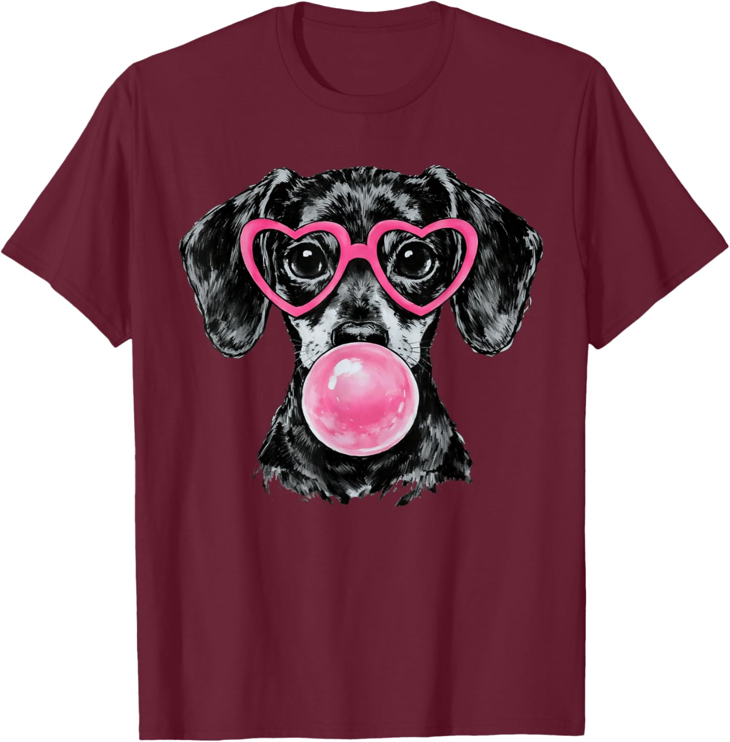 Valentines Dachshund Dog Blowing Bubble Pink Heart Glasses T-Shirt - T-Shirt | Maroon