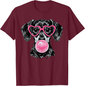 Valentines Dachshund Dog Blowing Bubble Pink Heart Glasses T-Shirt - T-Shirt | Maroon