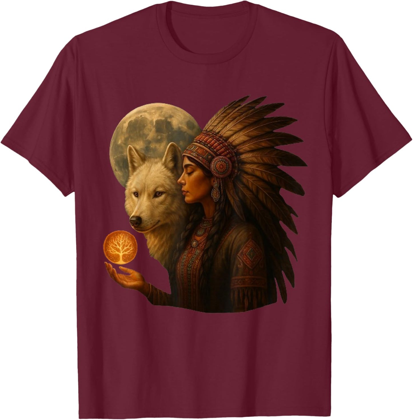 Indian Native American Woman with White Wolf Vitage Gifts T-Shirt - T-Shirt | Maroon