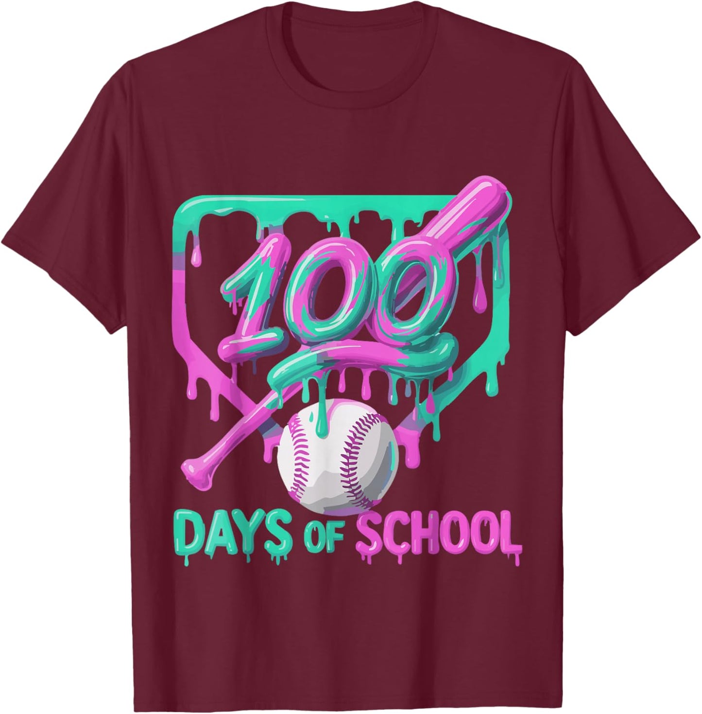 100 Days of School Baseball Ice Cream Drip 100th Day Player T-Shirt - T-Shirt | Maroon