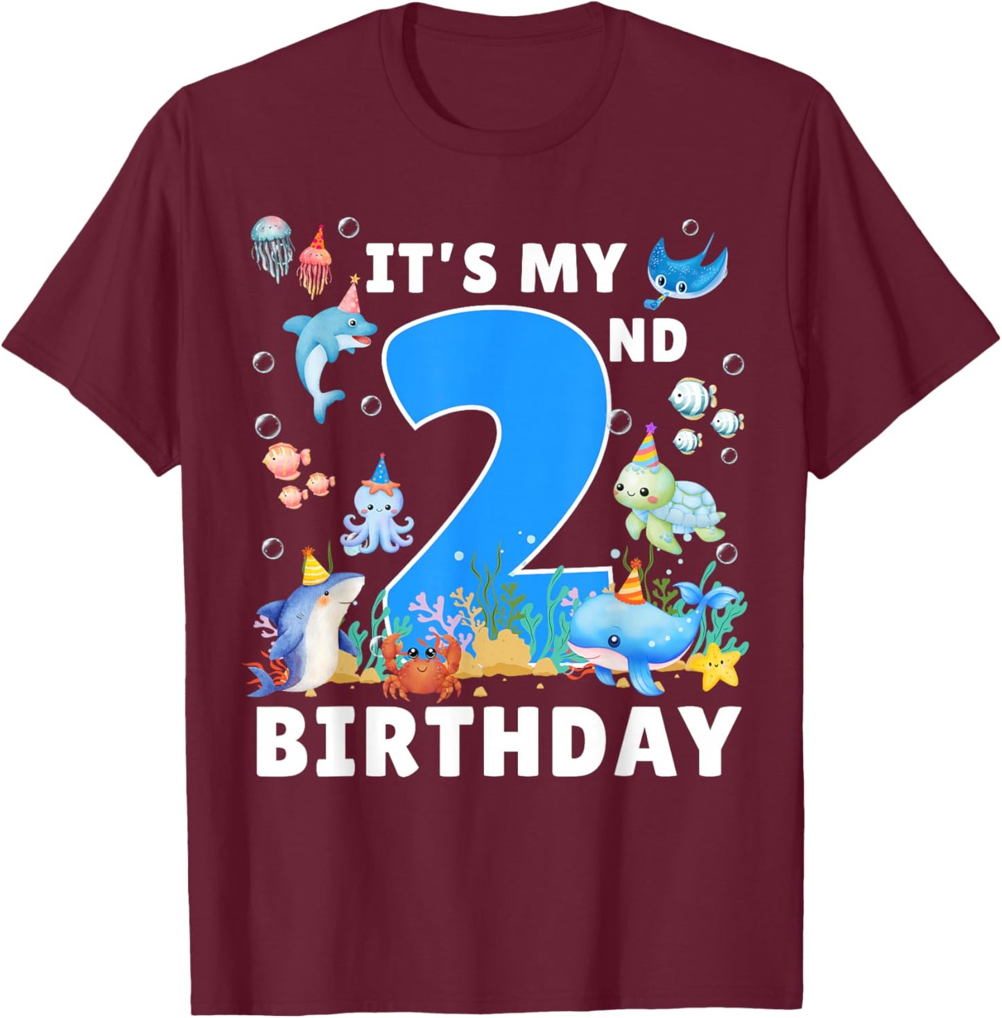 2nd Birthday Under The Sea 2 Years Old Ocean Party Theme T-Shirt - T-Shirt | Maroon