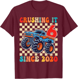 Birthday Monster Truck 6 Year Old Boys 6th Party Born 2020 T-Shirt - T-Shirt | Maroon