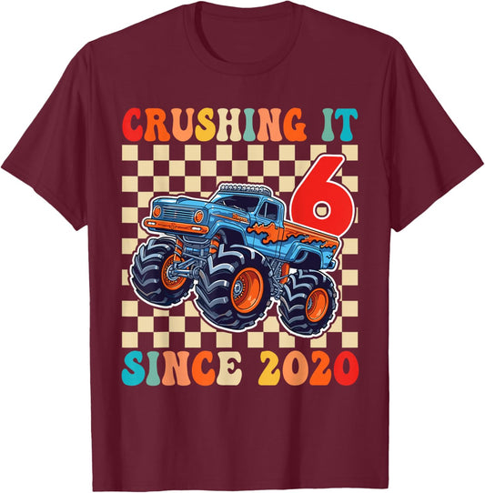 Birthday Monster Truck 6 Year Old Boys 6th Party Born 2020 T-Shirt - T-Shirt | Maroon