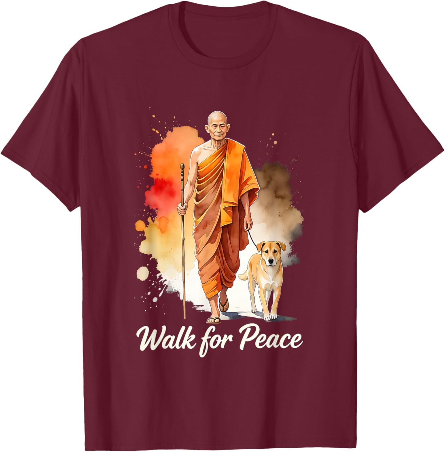 Walk for Peace Mindful Monk Spiritual Art T-Shirt - T-Shirt | Maroon