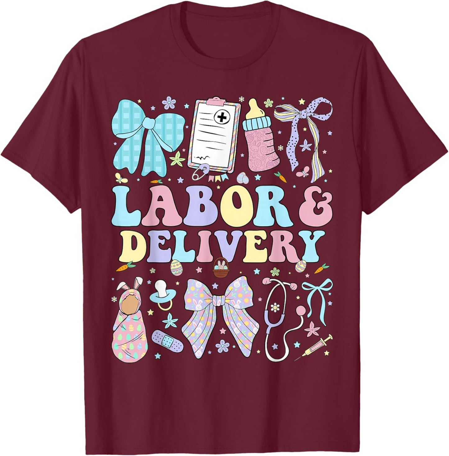 Labor and Delivery Nurse Coquette L&D Nurse Easter T-Shirt - T-Shirt | Maroon