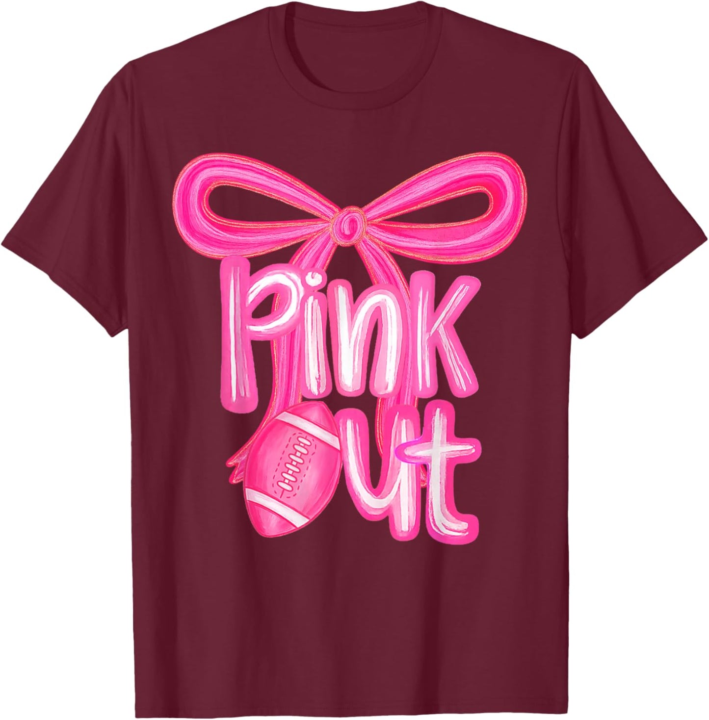 Preppy Pink Out Tackle Breast Cancer Awareness Coquette Bow T-Shirt - T-Shirt | Maroon