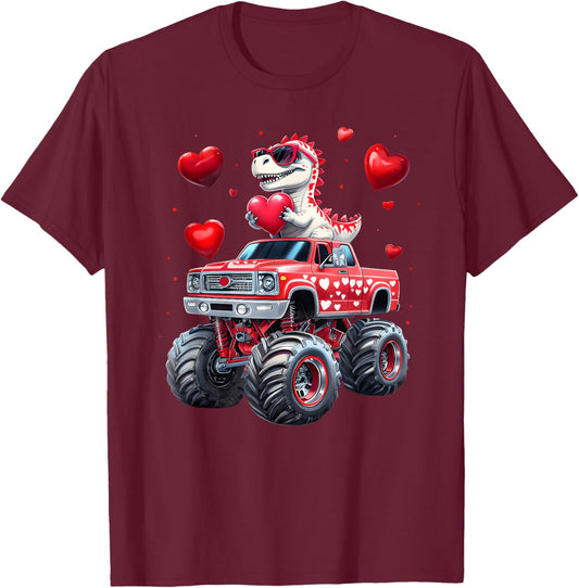 T Rex Riding Monster Truck Funny Toddler Boys Valentine T-Shirt - T-Shirt | Maroon