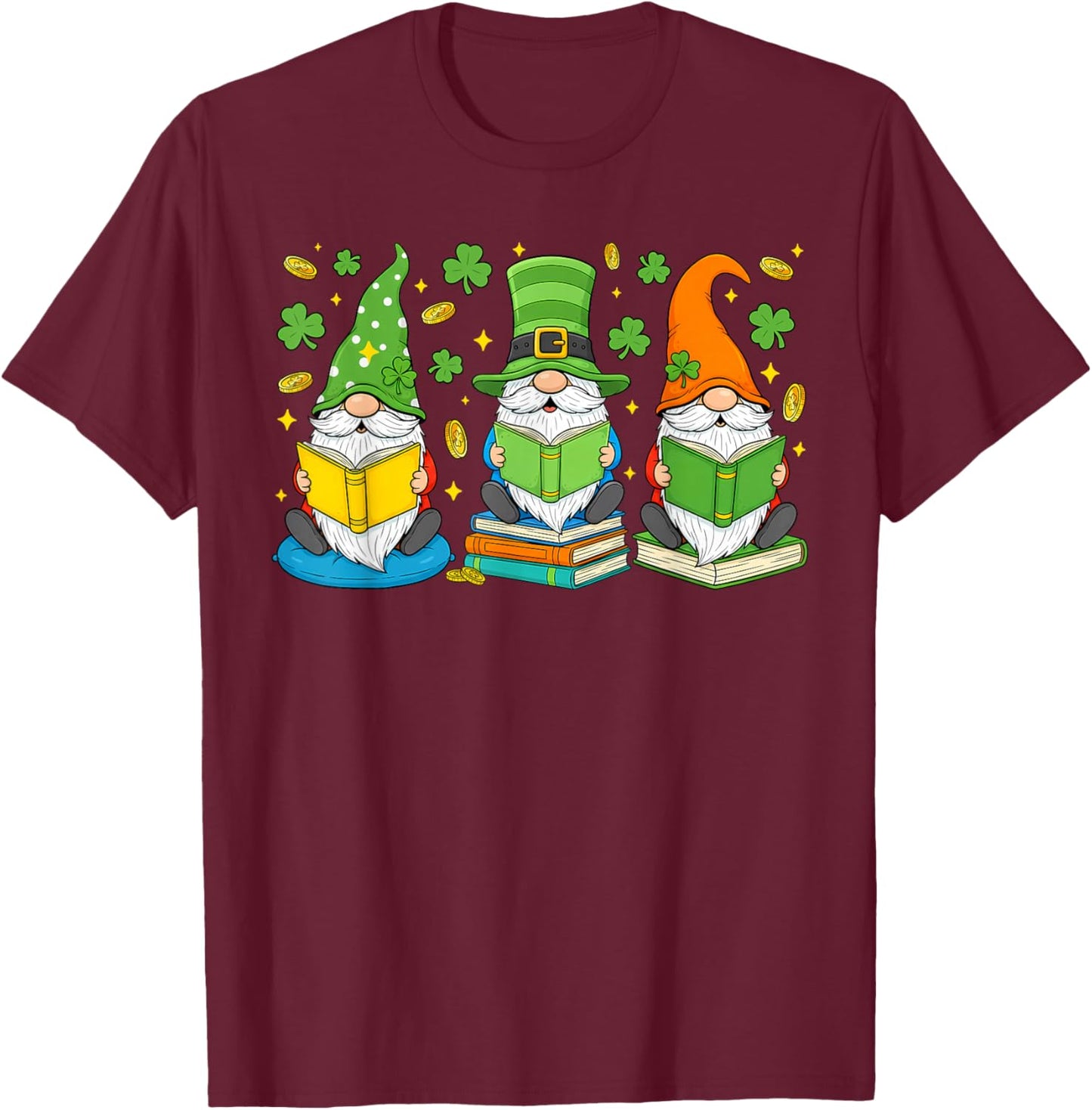 Gnomes Reading Books St Patricks Day Irish Teacher Women T-Shirt - T-Shirt | Maroon
