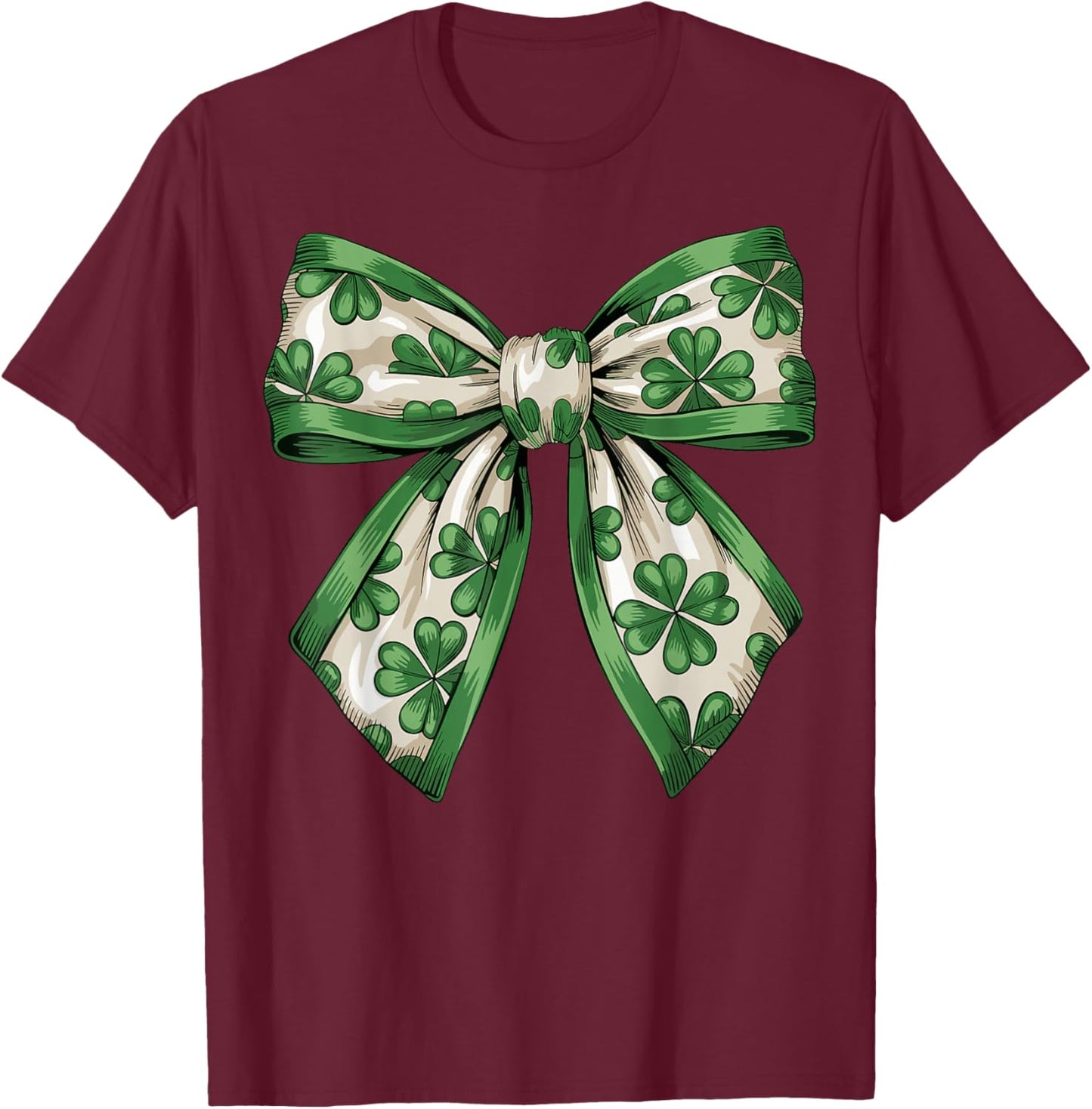 Vintage Saint Pattys Shamrock Coquette Bow Clover Girls T-Shirt - T-Shirt | Maroon