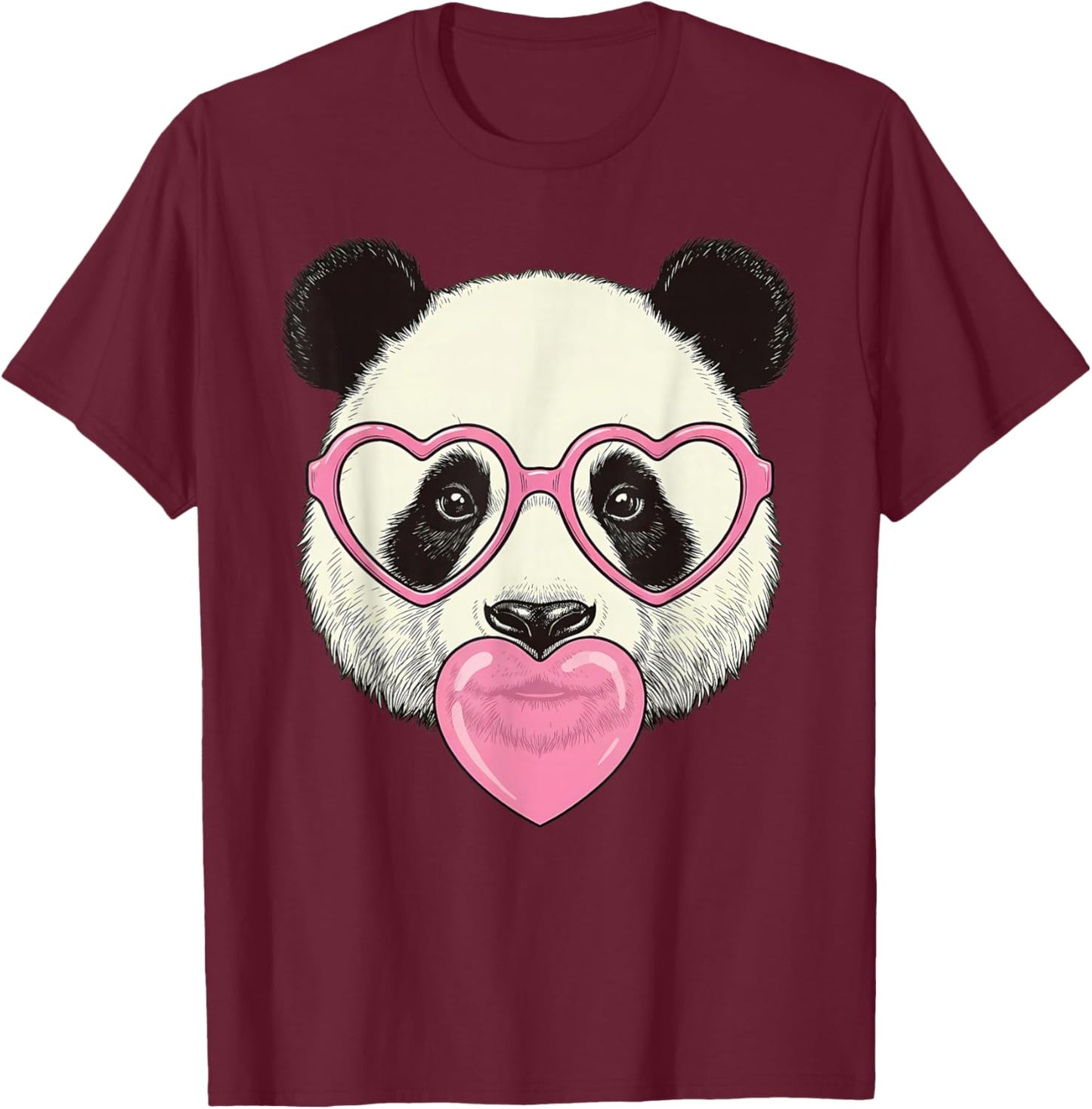 Cute Panda Blowing Pink Valentine Heart Bubble Gum T-Shirt - T-Shirt | Maroon