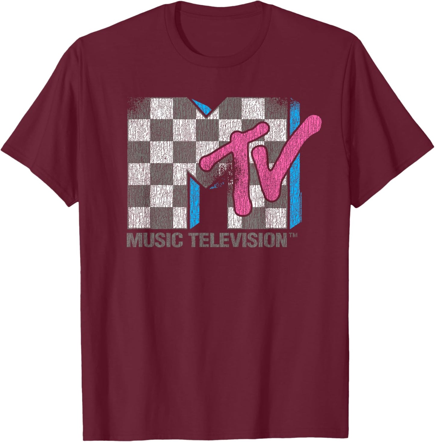 MTV Distressed Vintage Checkerboard Logo Music Television T-Shirt - T-Shirt | Maroon
