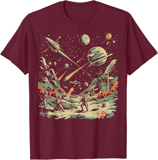 Space Battle Vintage Sci-fi Fighter Astronaut Illustration T-Shirt - T-Shirt | Maroon
