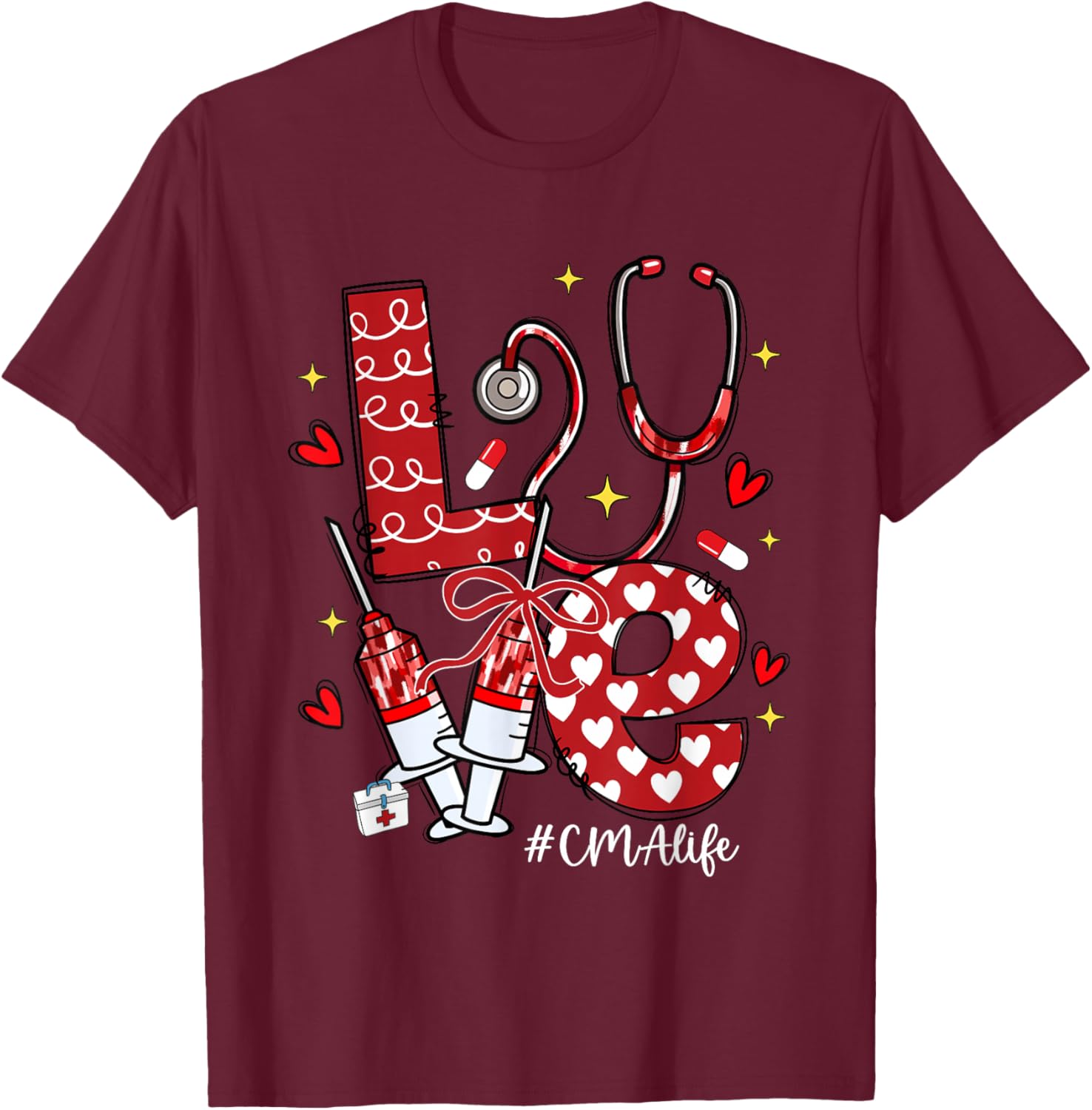 Love CMA Life Stethoscope Bow Hearts T-Shirt - T-Shirt | Maroon