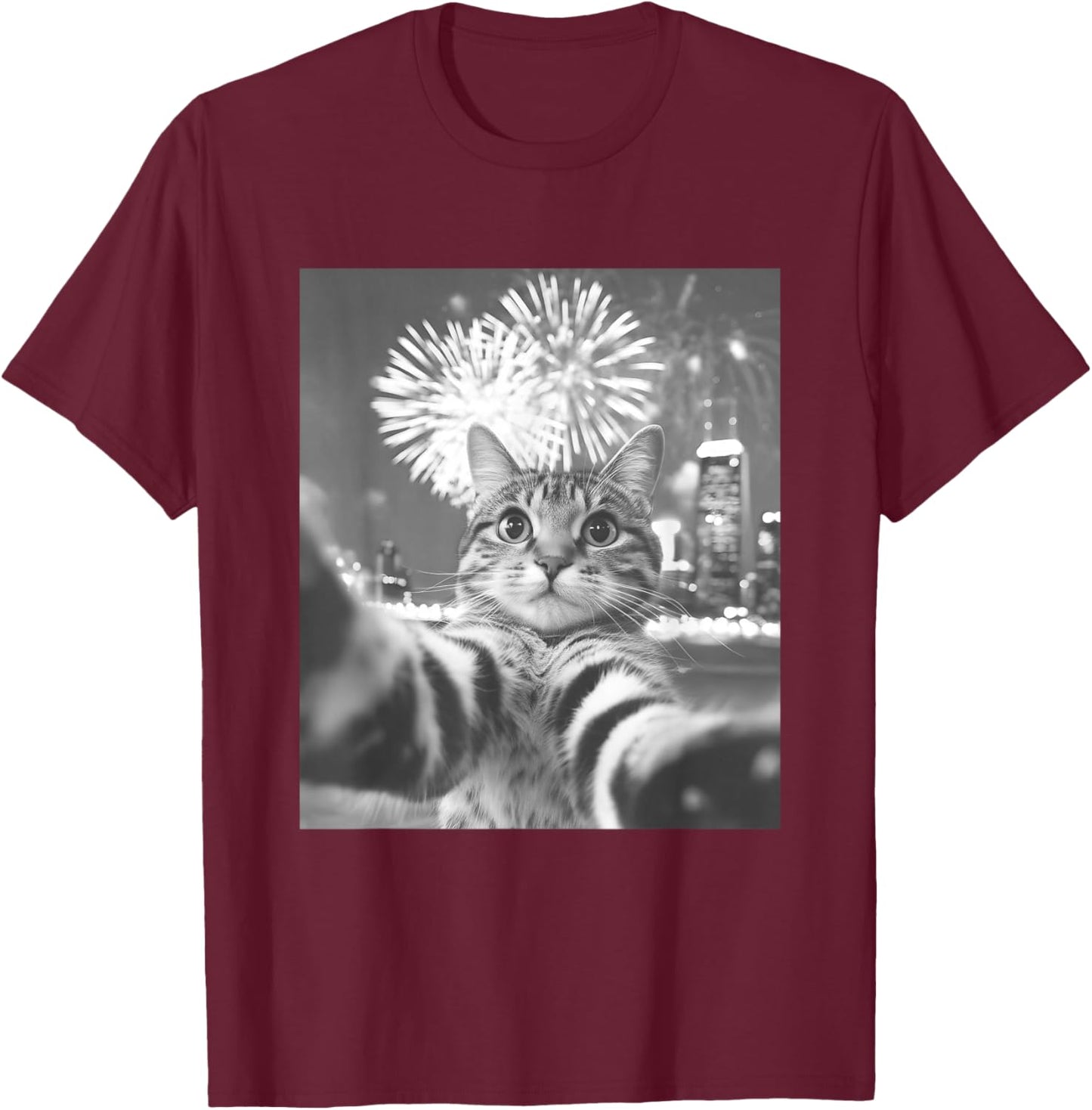 Funny Cat Selfie New Year Firework T-Shirt - T-Shirt | Maroon