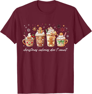 Christmas Calories Don't Count Iced Coffee Gingerbread Bow T-Shirt - T-Shirt | Maroon