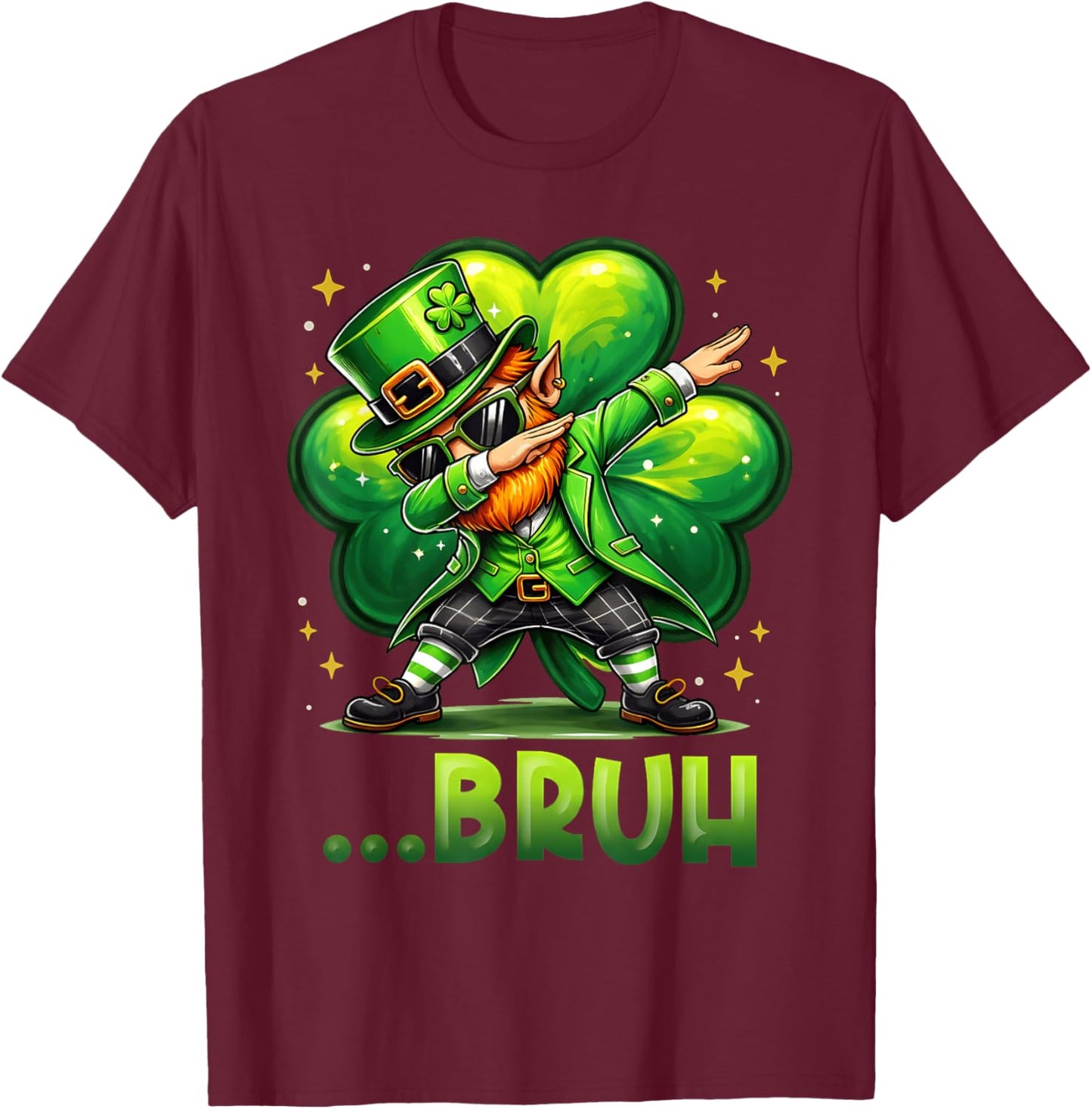 Funny St Patrick's Day Bruh Dabbing Leprechaun Shamrock T-Shirt - T-Shirt | Maroon